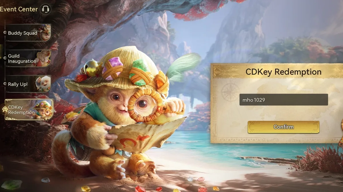 Menu Event Center et onglet CDKey Redemption dans Monster Hunter Outlanders