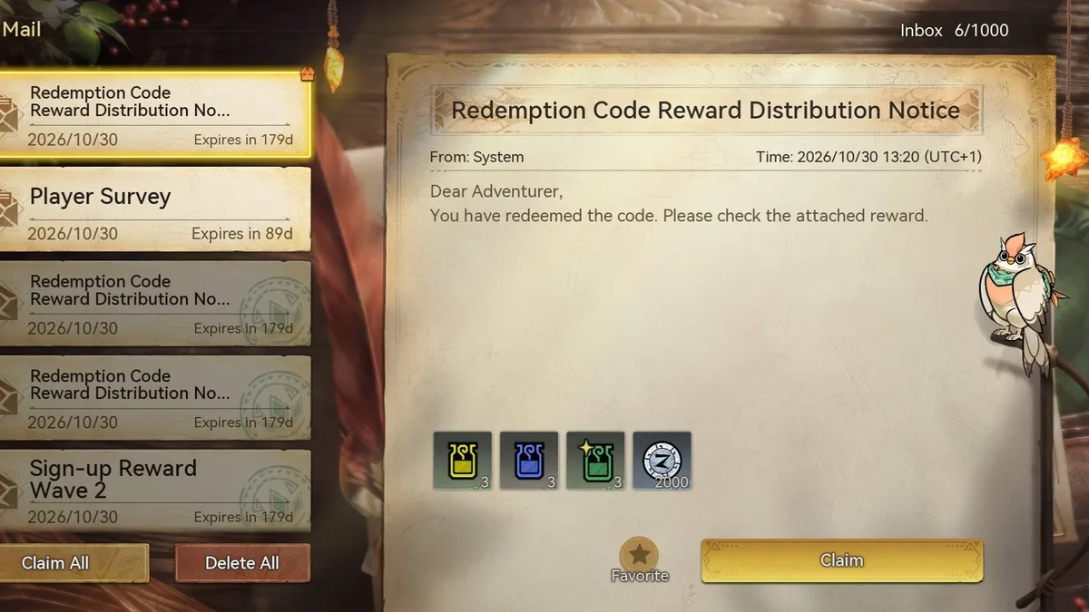 Messagerie en jeu Redemption Code Reward Distribution Notice dans Monster Hunter Outlanders