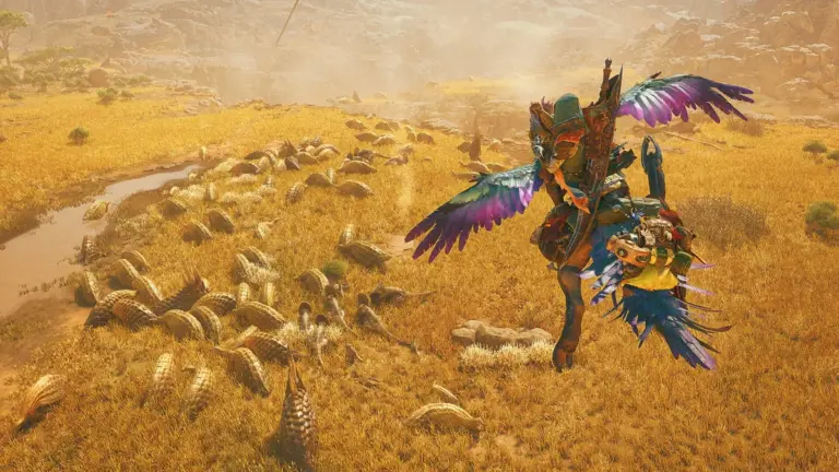 Monster Hunter Wilds sur Nintendo Switch 2 chasseur et Seikret dans les Terres Interdites