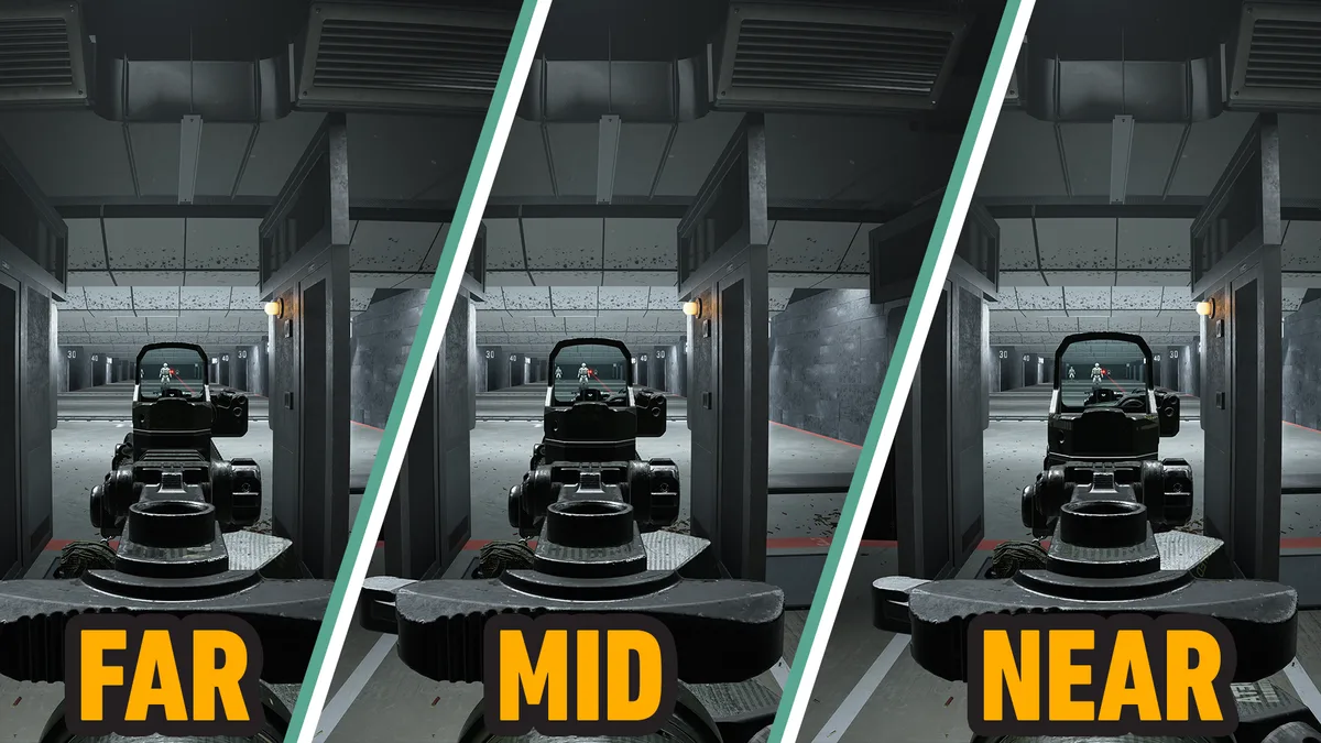 Comparaison visuelle entre les positions Éloigné (Far), Intermédiaire (Mid) et Proche (Near) en visée ADS dans Call of Duty: Modern Warfare 4