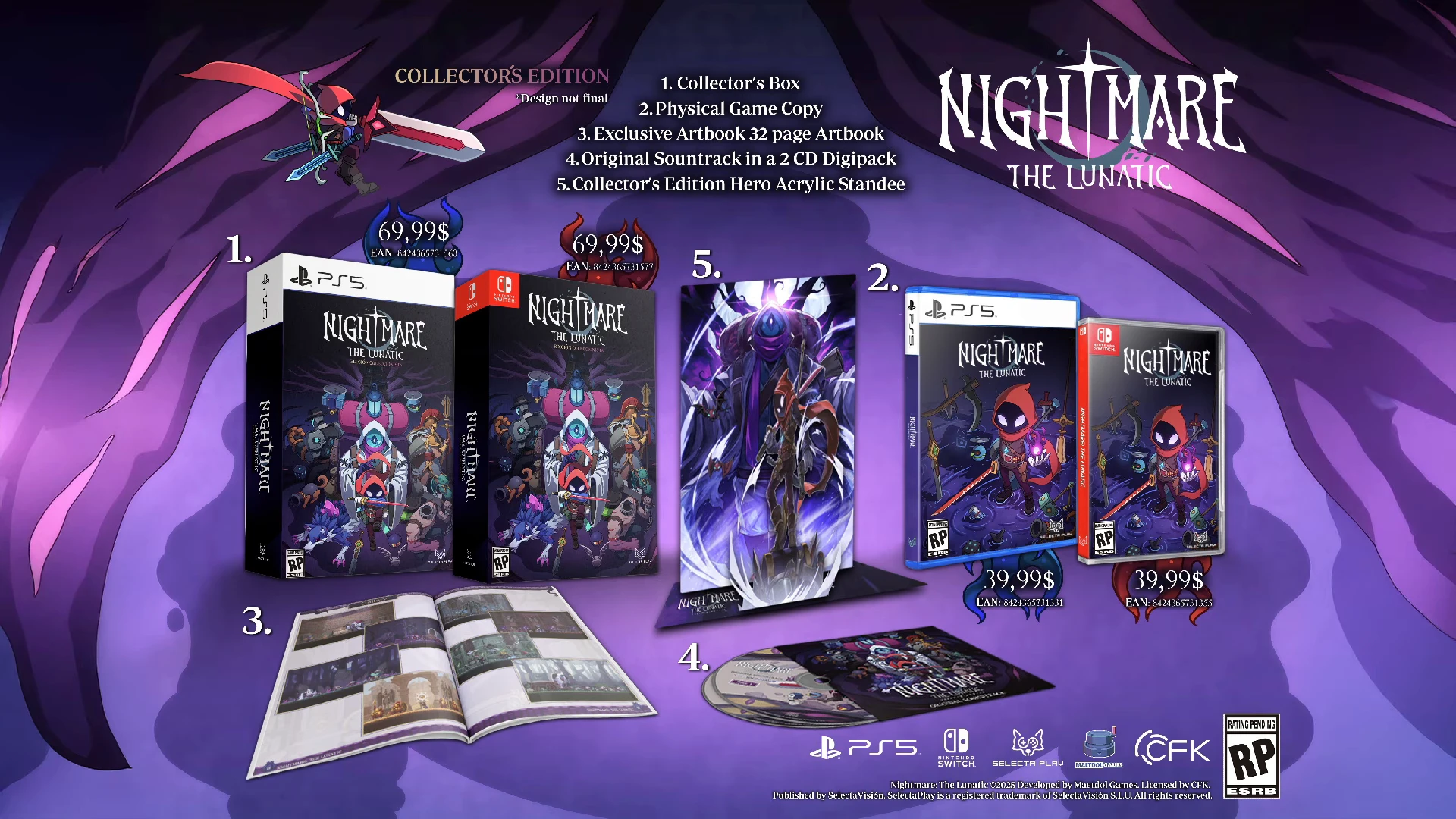 Contenu de l'édition Collector de Nightmare: The Lunatic sur PS5 et Nintendo Switch (coffret, jeu, artbook 32 pages, double CD et standee acrylique)