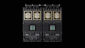 Module NVIDIA Vera Rubin Superchip associant deux GPU Rubin entourés de piles memoire HBM4 et un processeur Vera Olympus