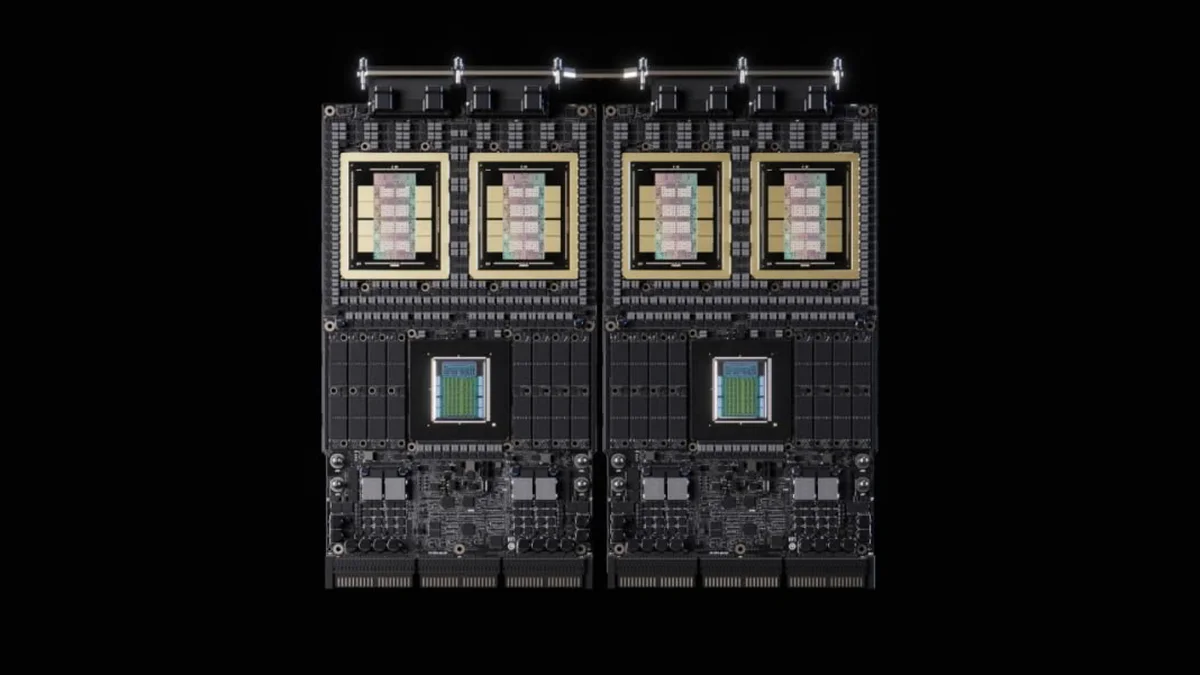 Module NVIDIA Vera Rubin Superchip associant deux GPU Rubin entourés de piles memoire HBM4 et un processeur Vera Olympus