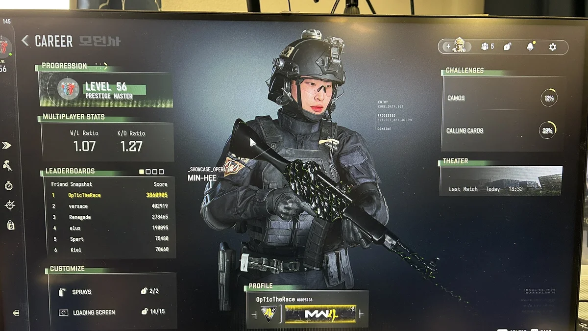 Bilan statistique du compte OpTicTheRace dans la Caserne de Call of Duty Modern Warfare 4 avec 1,27 de K/D et 1,07 de W/L