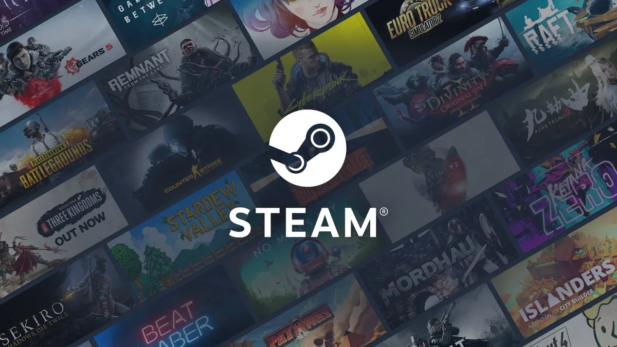 Logo officiel de la plateforme Steam de Valve sur fond de bibliothèque de jeux PC