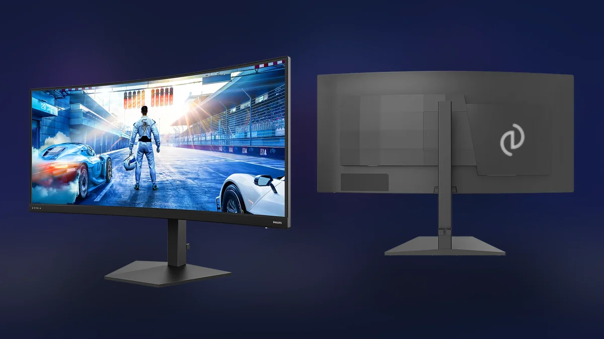 Moniteur gaming incurvé Philips Evnia 36M4C5500P vue de trois-quarts et dos avec rétroéclairage Iconglow