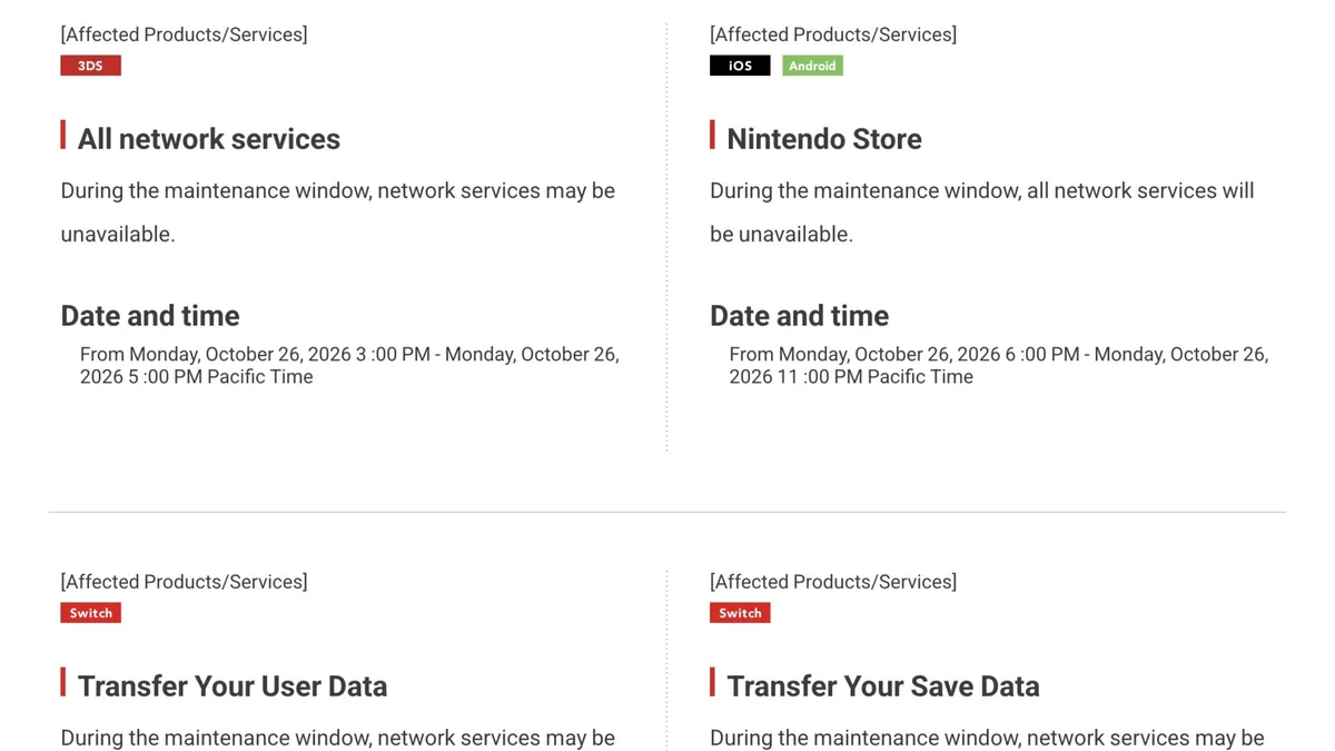 Capture du planning officiel Nintendo Network Maintenance pour la Nintendo 3DS, Switch et Nintendo Store en octobre 2026