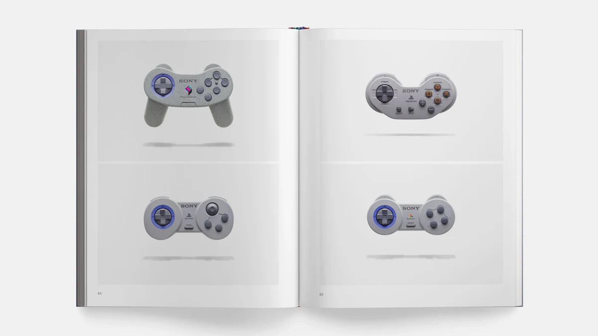 Double page consacrée aux maquettes et prototypes de manettes sculptés par Teiyu Goto avant l'adoption des poignées finales en 1994.