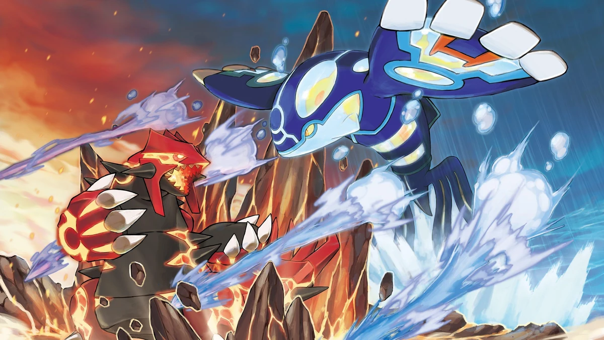 Illustration officielle Pokemon Rubis et Saphir avec Groudon et Kyogre