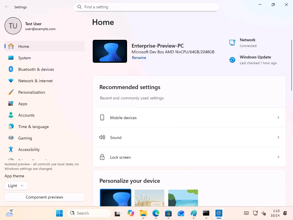 Project Odeon application Paramètres Windows 11 mode aperçu