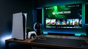 Interface Xbox Cloud Gaming Game Pass tournant sur console PS5 modifiee avec manette DualSense
