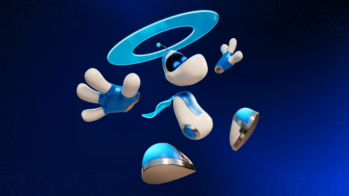 Rayman habille en costume Astro Bot avec anneau lumineux bleu et visiere LED dans Rayman Legends Retold sur PS5