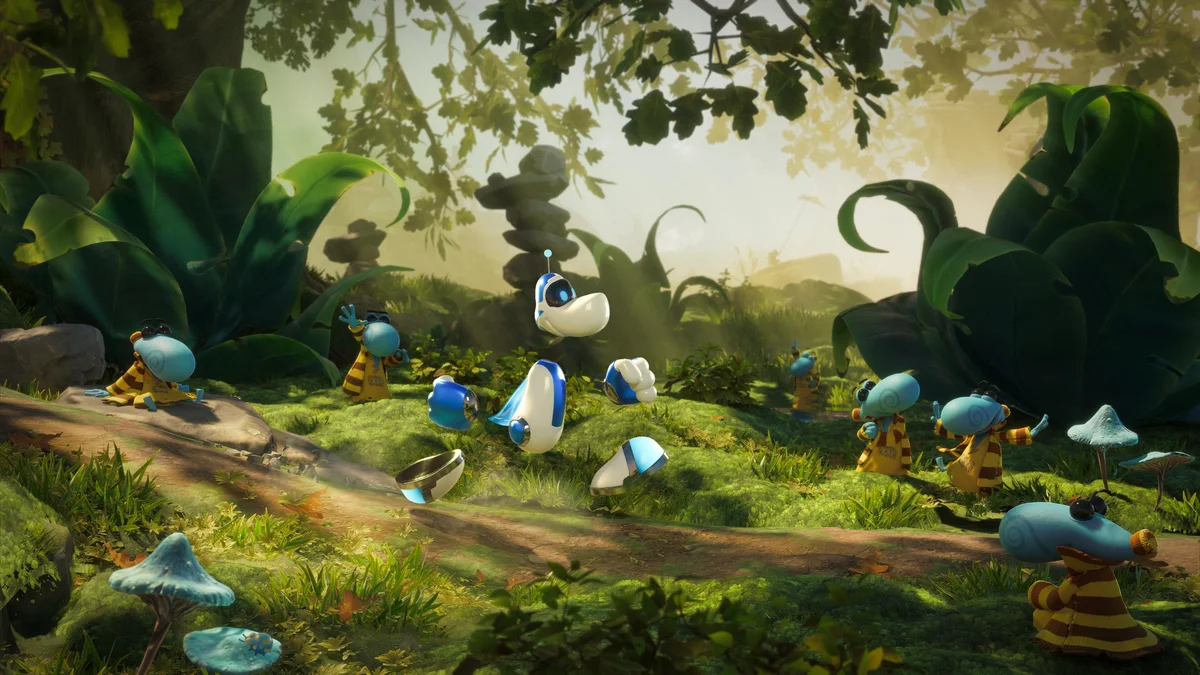 Rayman portant la tenue Astro Bot entouré de Ptizêtres dans la forêt de Rayman Legends Retold sur PS5