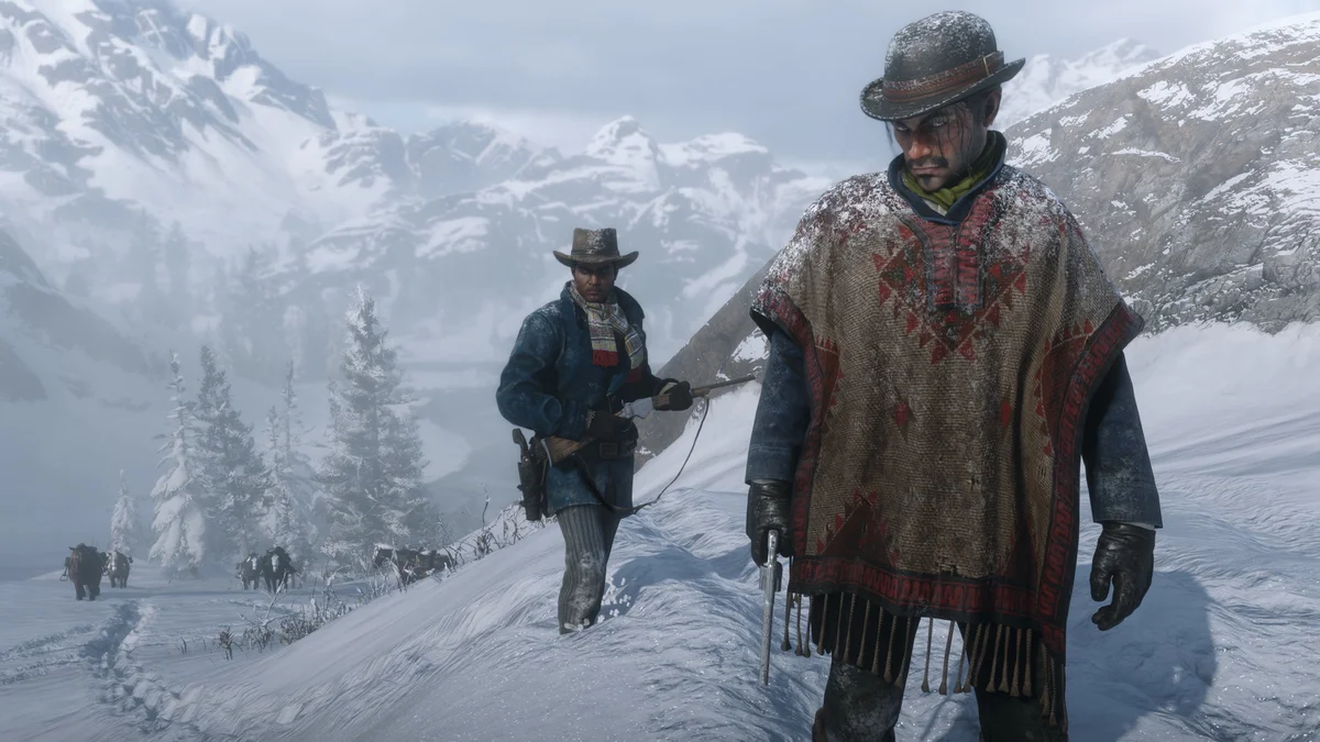Javier Escuella et Charles Smith armés dans la neige avec leurs chevaux dans Red Dead Redemption 2