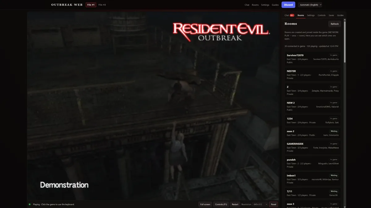 Capture interface OutbreakWeb Resident Evil Outbreak avec salons en ligne et Cindy Lennox