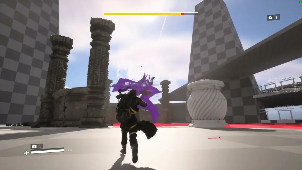 Saros sur PS5 phase de combat bullet-hell et bouclier face a un Overlord de Carcosa