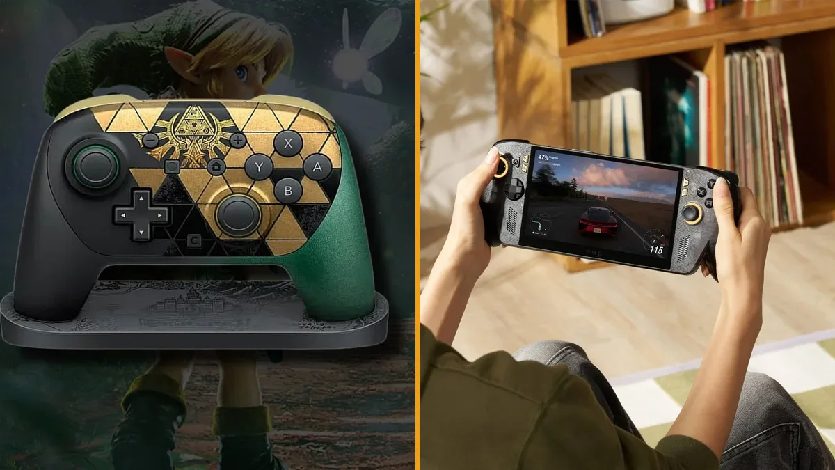Comparatif entre la manette Nintendo Switch 2 Pro Zelda 40e anniversaire et la console portable ASUS ROG Xbox Ally X20 ciblées par les scalpers