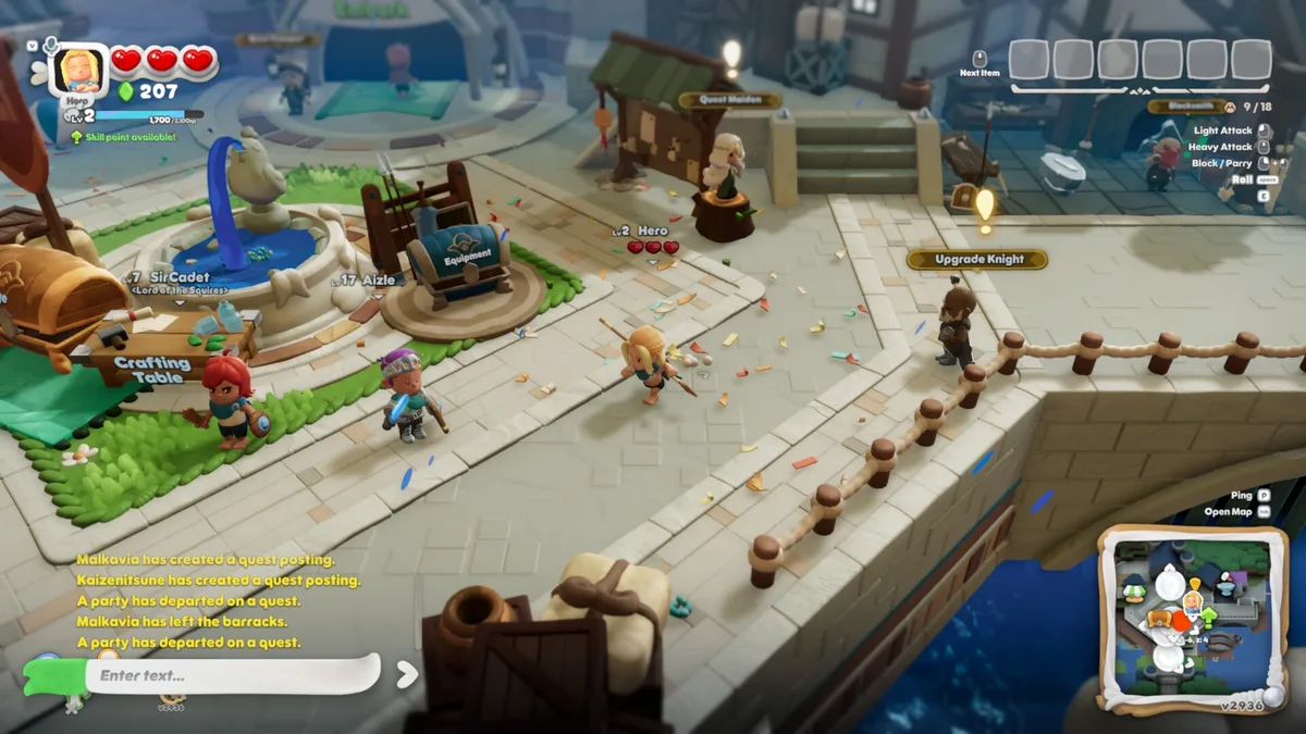Scramble Knights Online Town Square hub social avec forge, établi d'artisanat et quêtes
