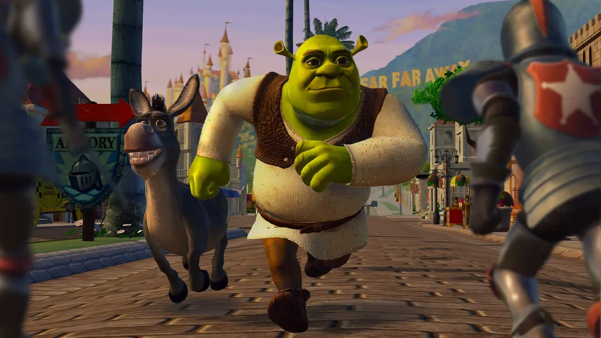 Shrek et l'Âne poursuivis par les gardes dans les rues de Fort Fort Lointain en 4K dans Shrek 2 Remastered
