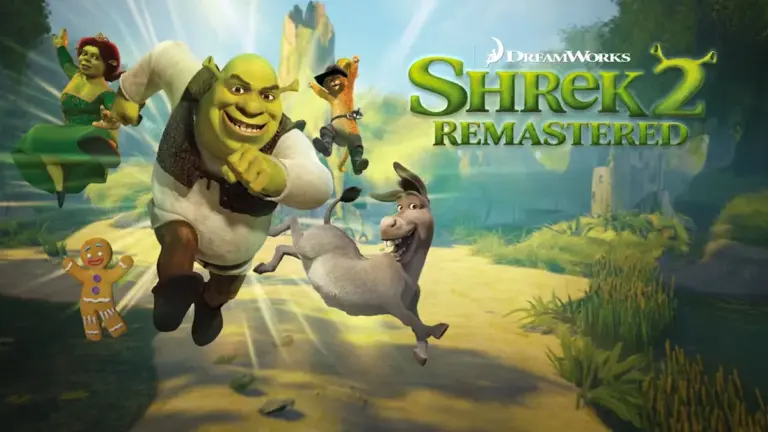 Visuel principal de Shrek 2 Remastered avec Shrek, l'\u00c2ne, Fiona, le Chat Pott\u00e9 et Ti-Biscuit