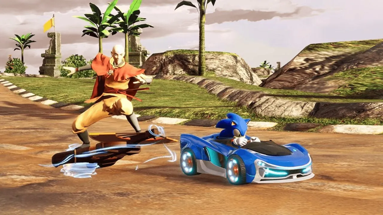 Aang Katara et Sonic sur le circuit Lion Turtle Island dans Sonic Racing CrossWorlds