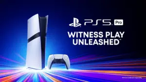 Console PlayStation 5 Pro et manette sans fil DualSense illustrant le brevet Sony Generation Super Sampling par IA