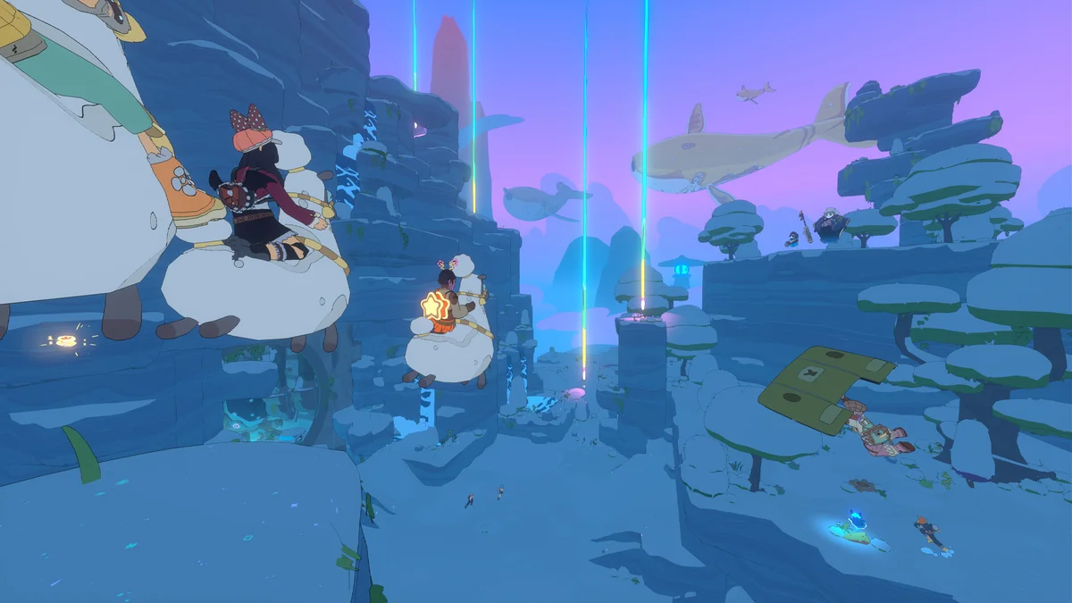 Spirit Crossing gameplay des joueurs sur des fluffalos volants dans les Crosslands sur Switch 2 et PC