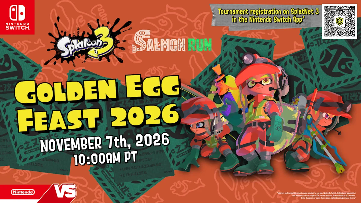 Bannière officielle du tournoi Splatoon 3 Golden Egg Feast 2026 en mode Salmon Run sur Nintendo Switch et Switch 2