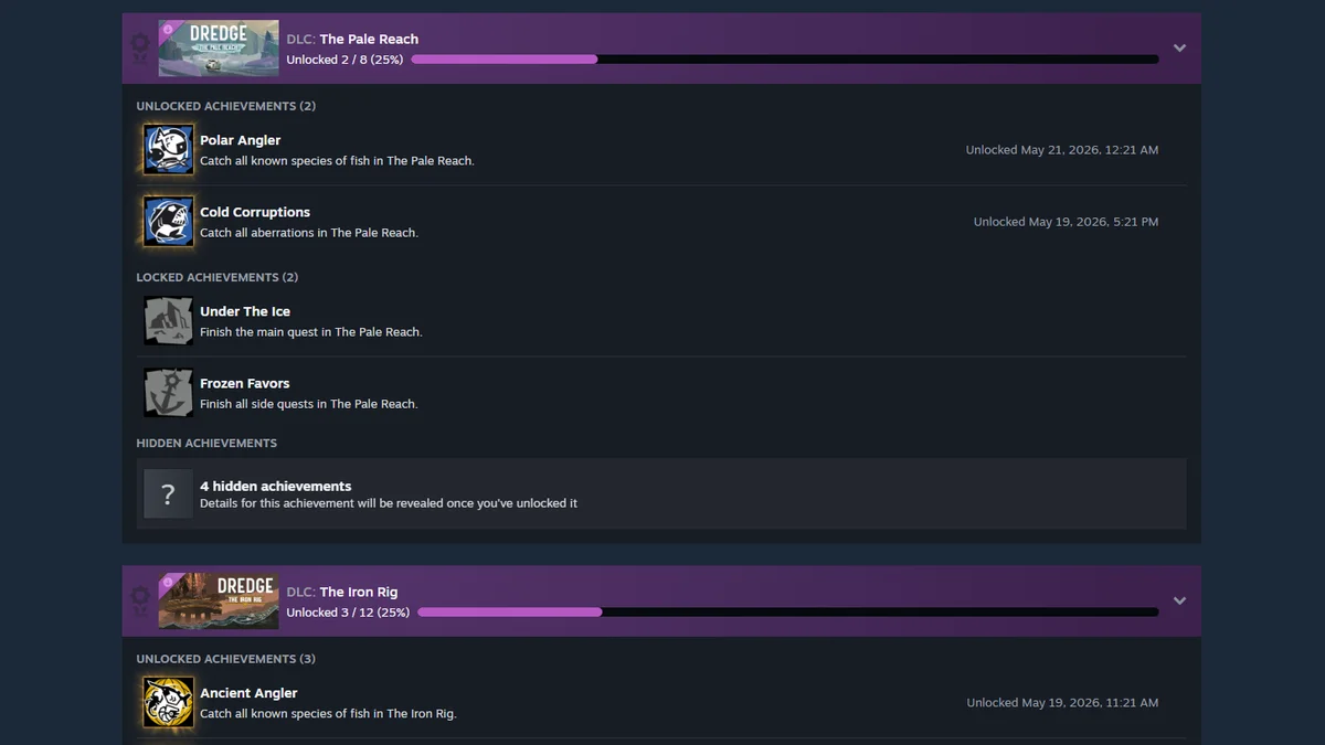 Ensembles de succès de DLC affichés en violet sur Steam pour les extensions de Dredge