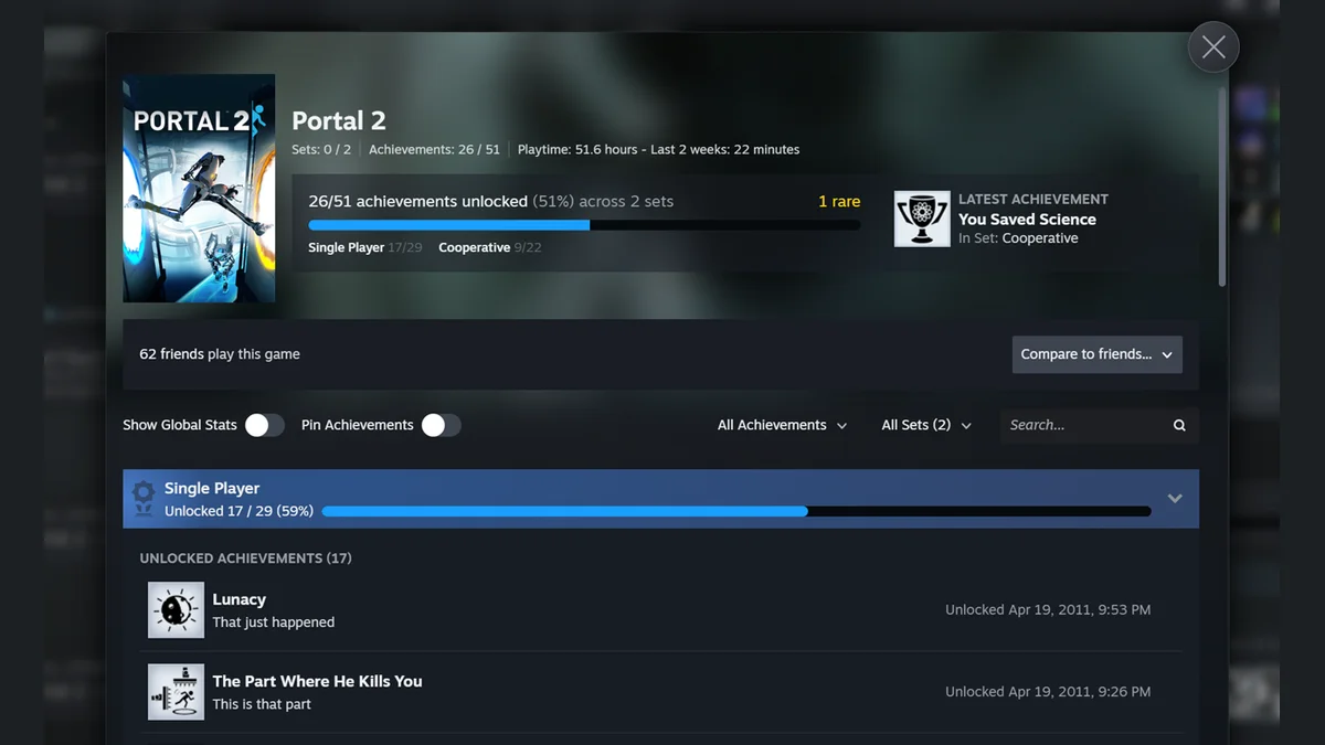 Nouvelle interface des Ensembles de succès Steam sur Portal 2 avec séparation solo et coopératif