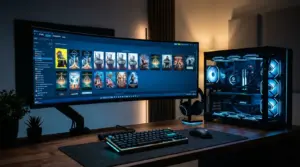 Setup gaming PC affichant la bibliothèque Steam sur écran incurvé