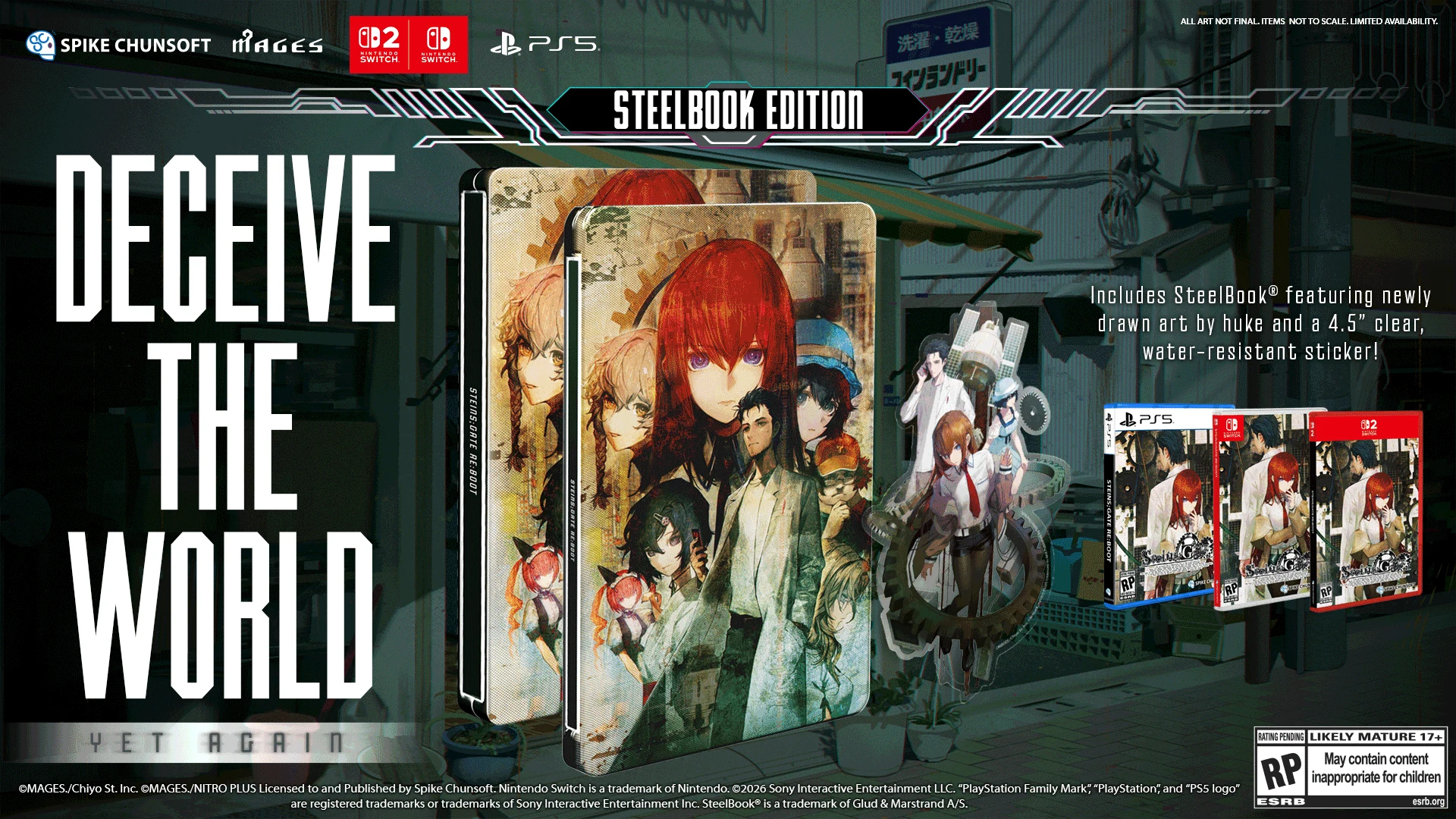 Contenu de la SteelBook Edition de STEINS;GATE RE:BOOT sur Nintendo Switch 2 et PS5 illustrée par huke