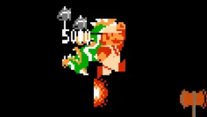 Mario esquivant Bowser pour toucher la hache du pont dans Super Mario Bros sur NES (Nintendo)
