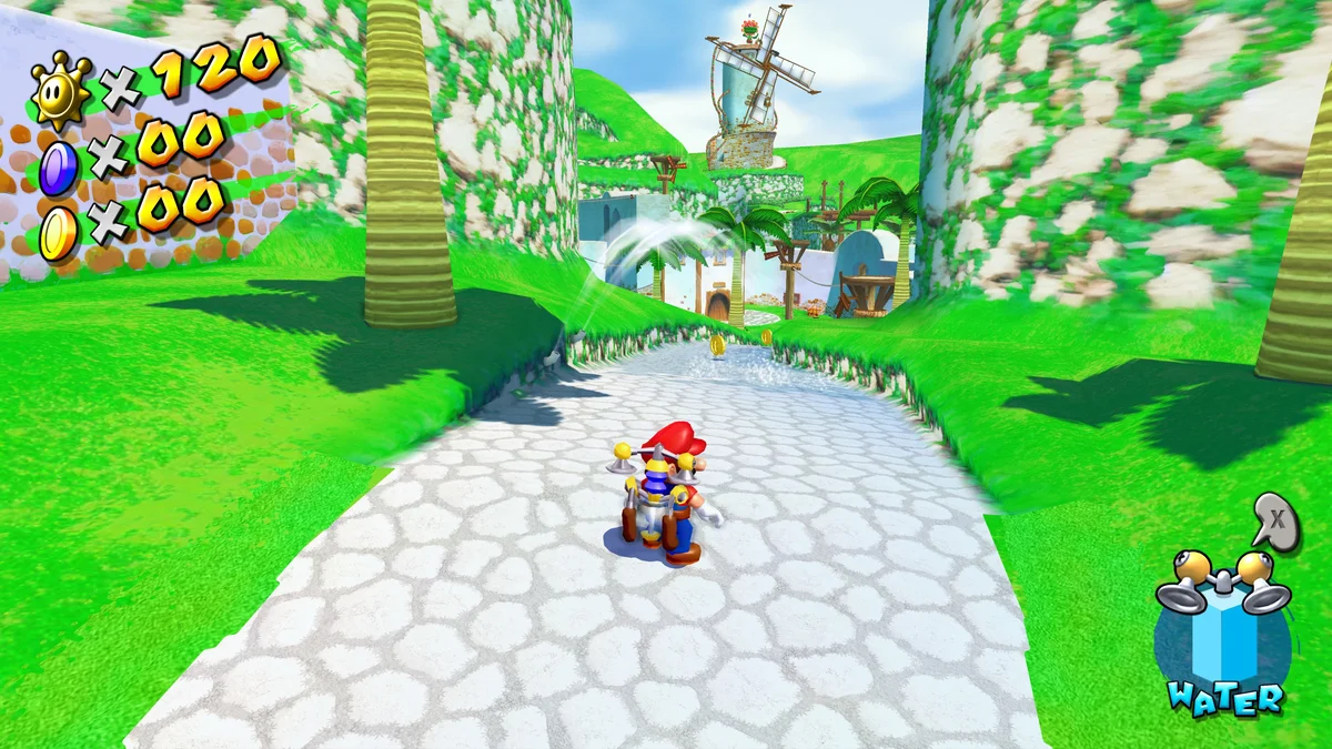 Mario et J.E.T. aux Collines Bianco dans Super Mario Sunshine 4K sous Dolphin