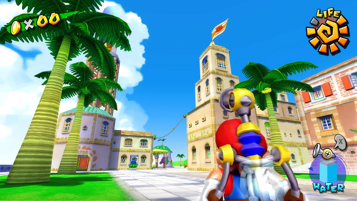 Super Mario Sunshine 4K sur la place Delfino avec le pack de textures HD d'Henriko Magnifico