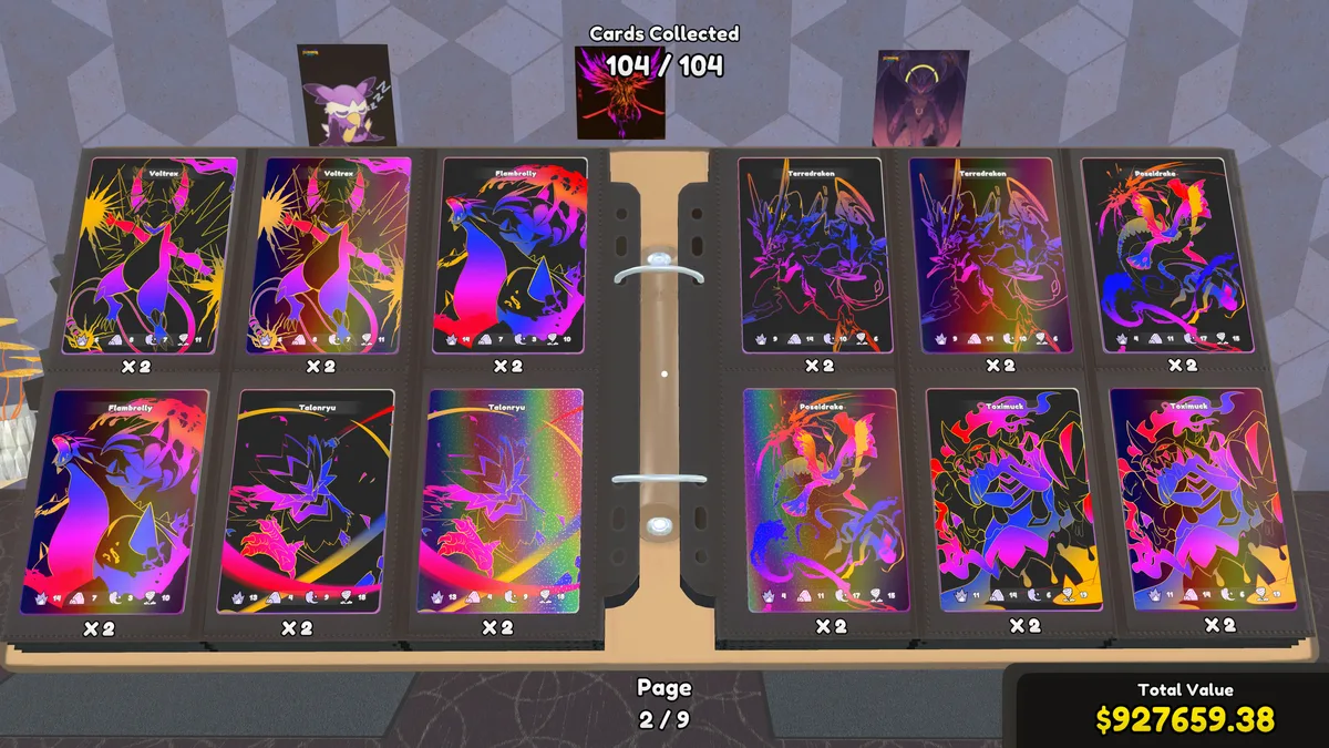 Classeur de collection présentant les 6 nouvelles cartes Ghost rares Voltrex, Flambrolly, Talonryu, Terradrakon, Poseidrake et Toximuck dans TCG Card Shop Simulator