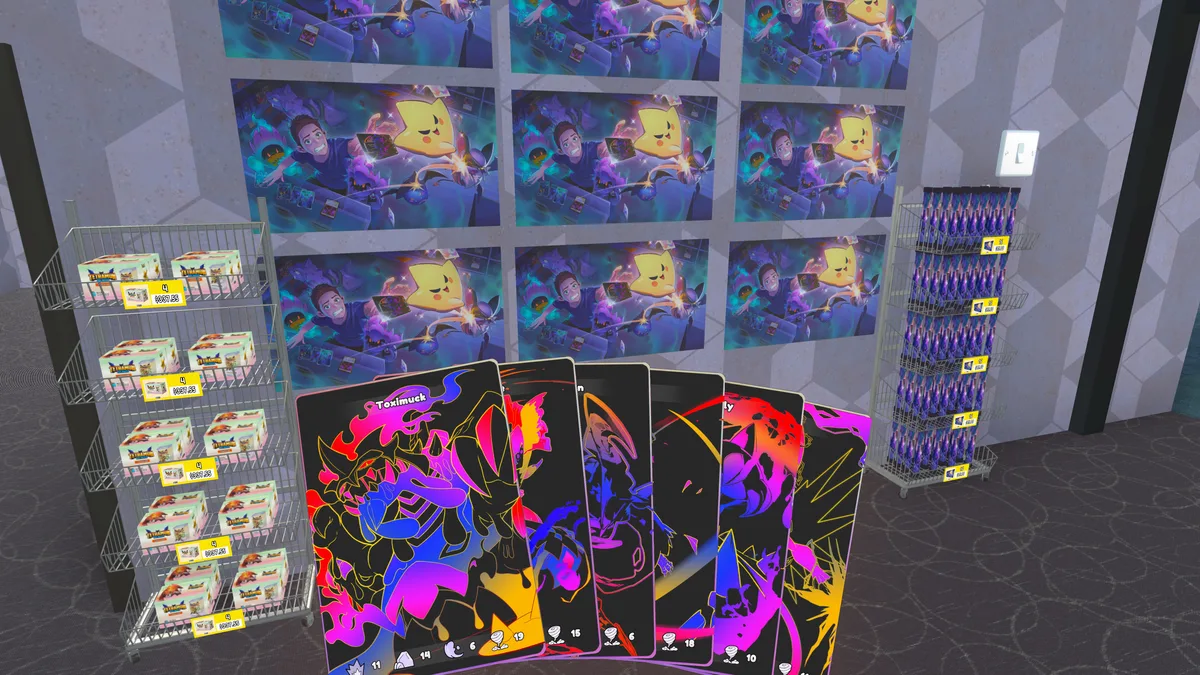Éventail des nouvelles cartes Ghost néon devant les boîtes Ascension et les décorations Halloween dans TCG Card Shop Simulator 1.03
