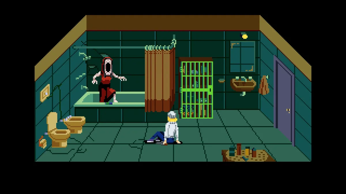 Tenebris Somnia gameplay pixel art 8-bit salle de bain monstre