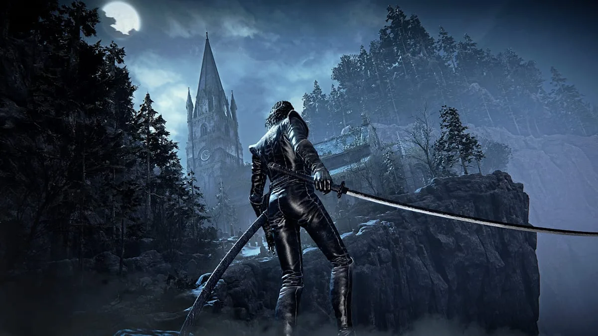 Un Bloodsworn armé d'un katana devant une cathédrale gothique dans The Duskbloods sur Nintendo Switch 2