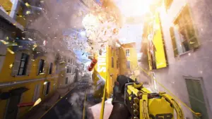 Un joueur de The Finals glisse sur une tyrolienne au milieu des explosions de l'arène de Monaco lors de la Saison 12 Prime Time