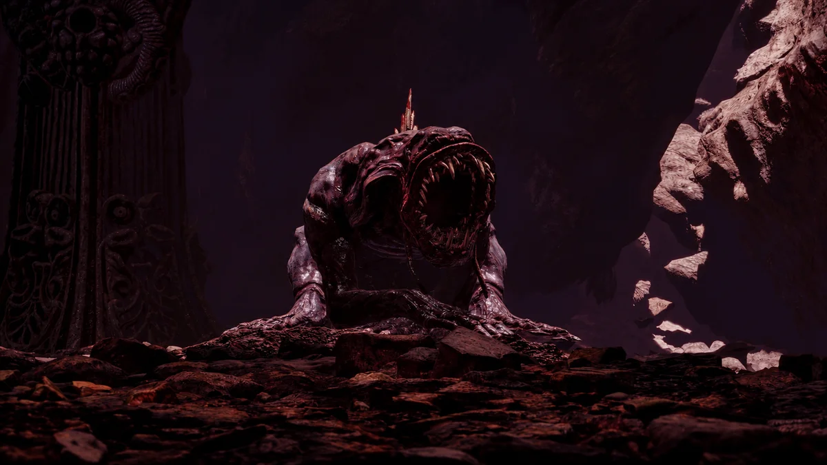Le Grand Ancien batracien Tsathoggua dans son repaire souterrain de The Mound: Omen of Cthulhu