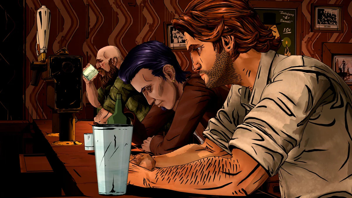 Bigby Wolf, Gren et le Bûcheron accoudés au comptoir du Trip Trap Bar dans The Wolf Among Us Remastered