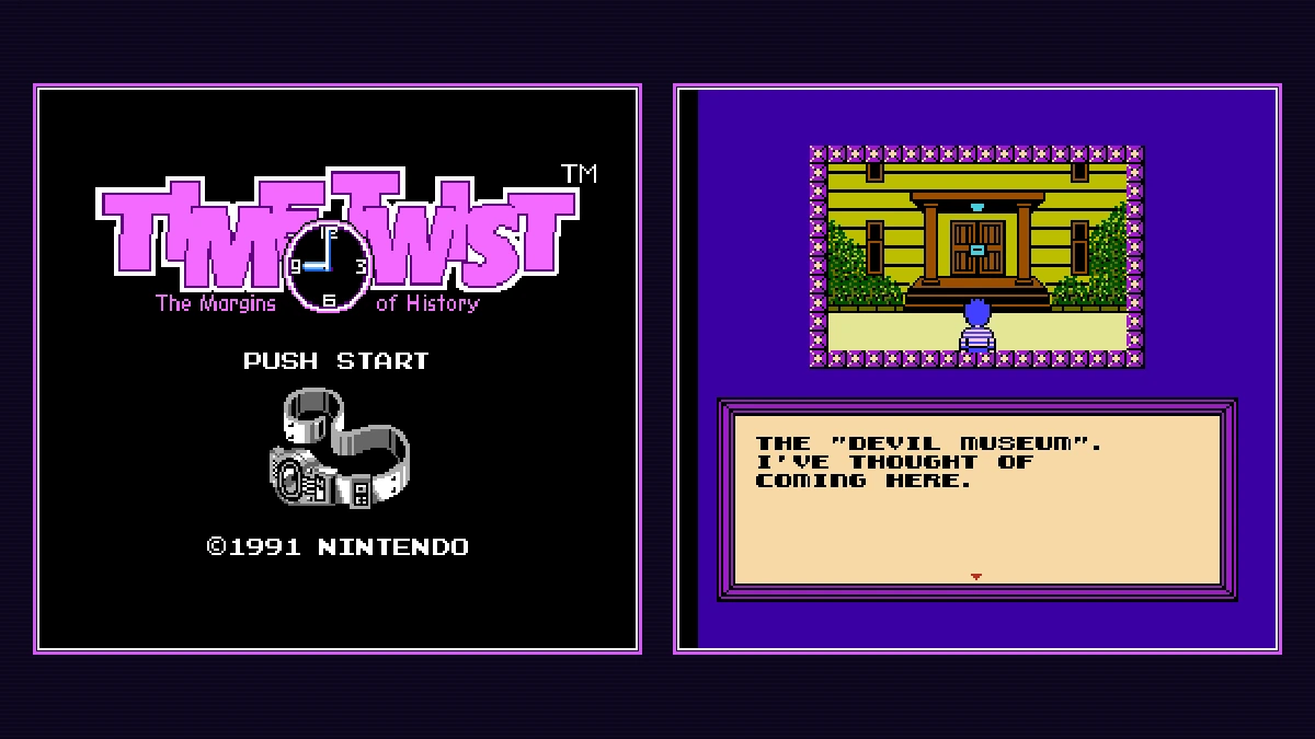 Time Twist: Rekishi no Katasumi de... sur Famicom Disk System - Écran titre anglais et scène du Devil Museum