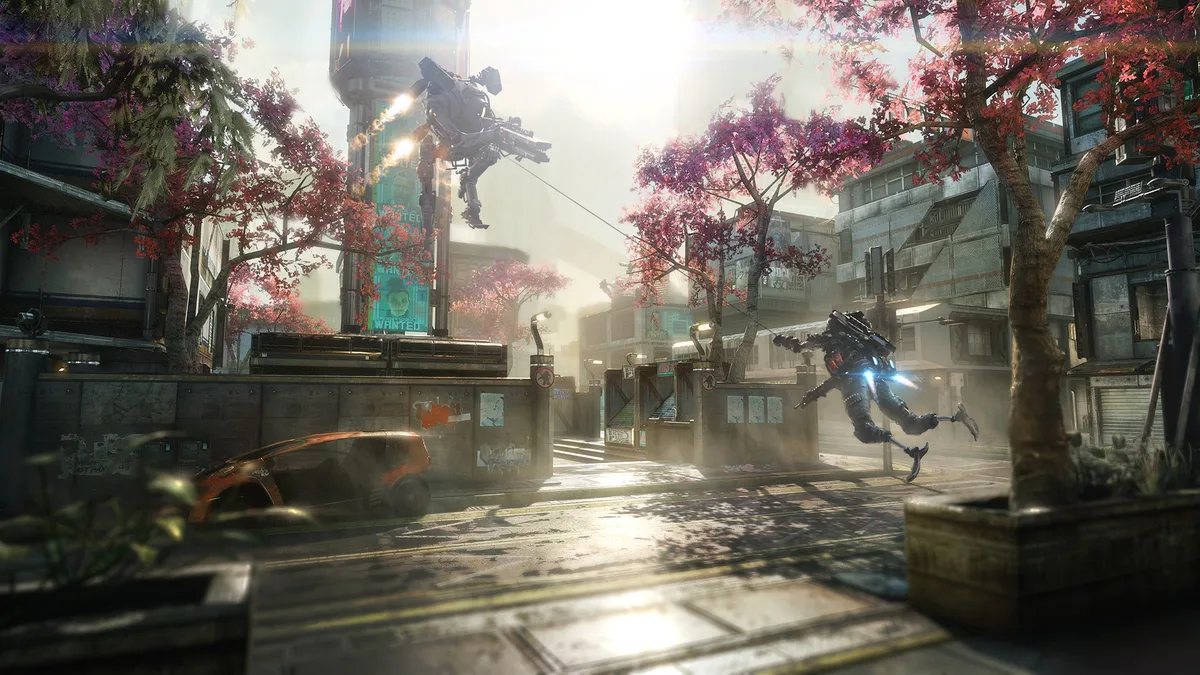 Un pilote en plein saut au grappin face à un Titan dans Titanfall 2 sur PC, illustrant la bêta ouverte multijoueur du mod Titanfall 2 VR de CircuitLord sur les serveurs Northstar