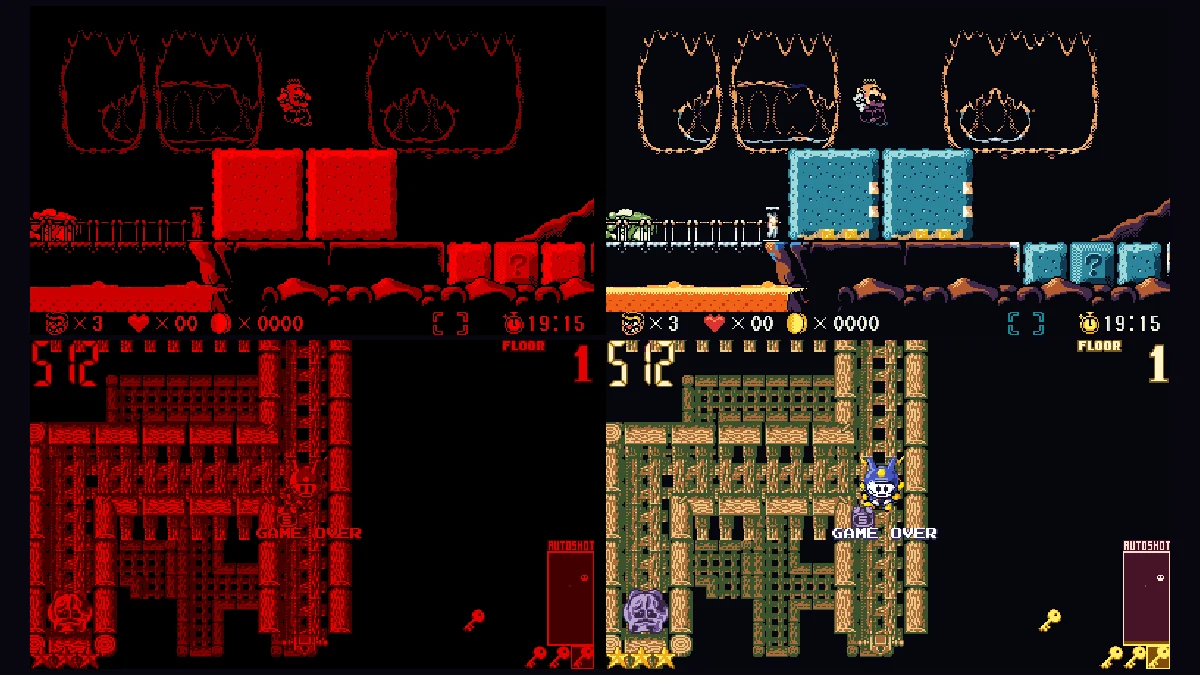 Captures d'écran comparatives de Virtual Boy Wario Land et Jack Bros montrant les packs de couleurs tuile par tuile de l'émulateur VBoy Color