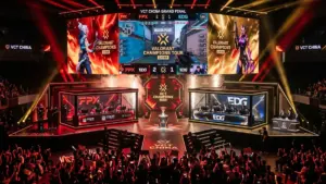 Scene officielle VCT China avec arene esport de tournoi et trophee