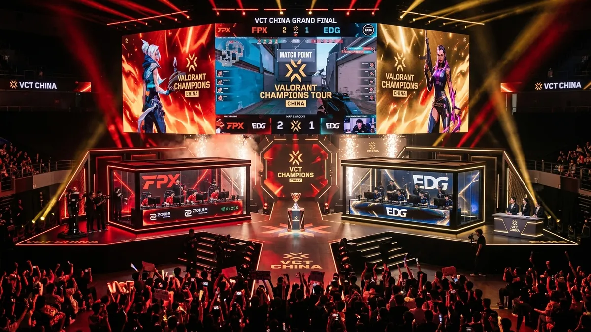 Scene officielle VCT China avec arene esport de tournoi et trophee