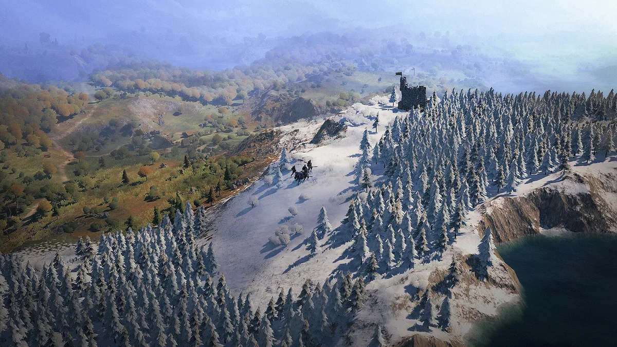 Wartales exploration monde ouvert RPG tactique Shiro Games Xbox Game Pass Une troupe de mercenaires traversant une forêt enneigée dans Wartales de Shiro Games sur PC et Xbox Game Pass