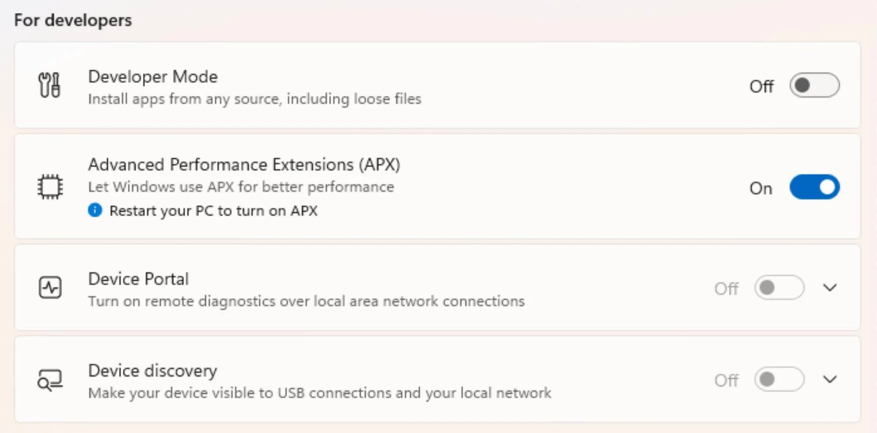 Capture du réglage Advanced Performance Extensions Intel APX dans Windows 11 Build 29695