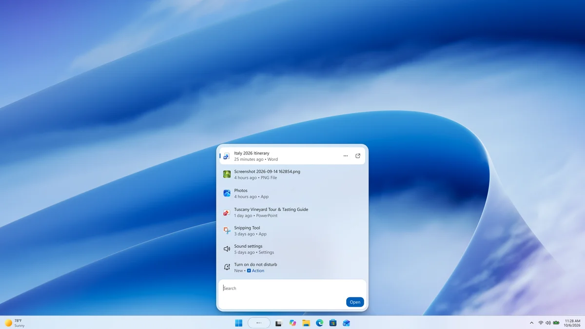 Interface Windows Search WinUI 3 et raccourci touche Windows sur un clavier PC Windows 11